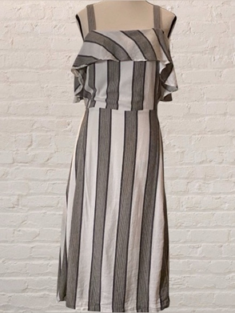 MICHEL Studio Collection cotton viscose blend gunny stripe off the shoulder midi